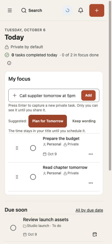 Private task capture with an optional planning-day suggestion.